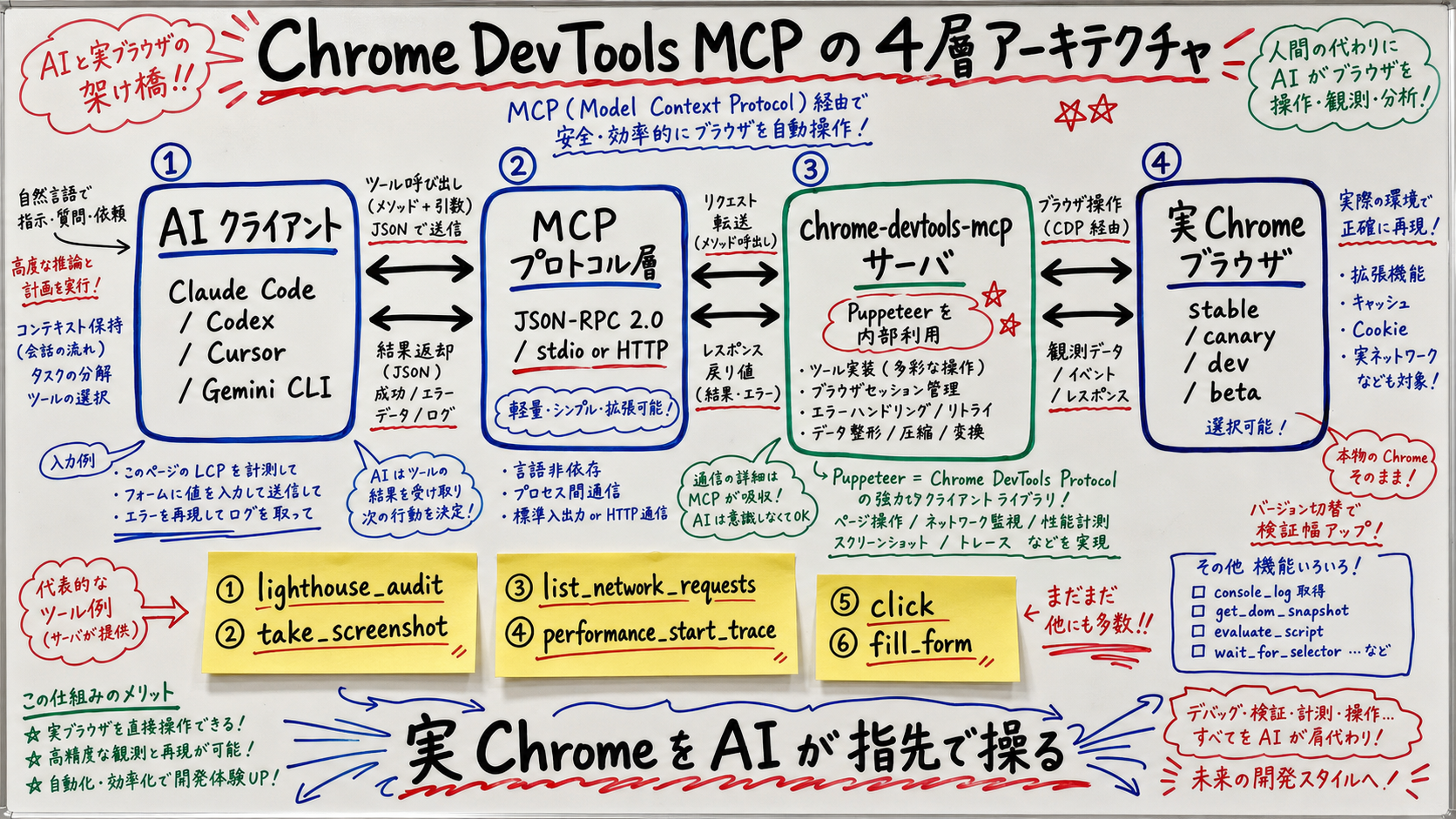 Chrome DevTools MCP の 4 層アーキテクチャ。左端に Claude Code / Codex / Cursor / Gemini CLI クライアント、その右に MCP プロトコル層、さらに右に chrome-devtools-mcp サーバ(Puppeteer 経由)、最右に実 Chrome ブラウザ。tools として lighthouse_audit / take_screenshot / list_network_requests / performance_start_trace / click が示されている。