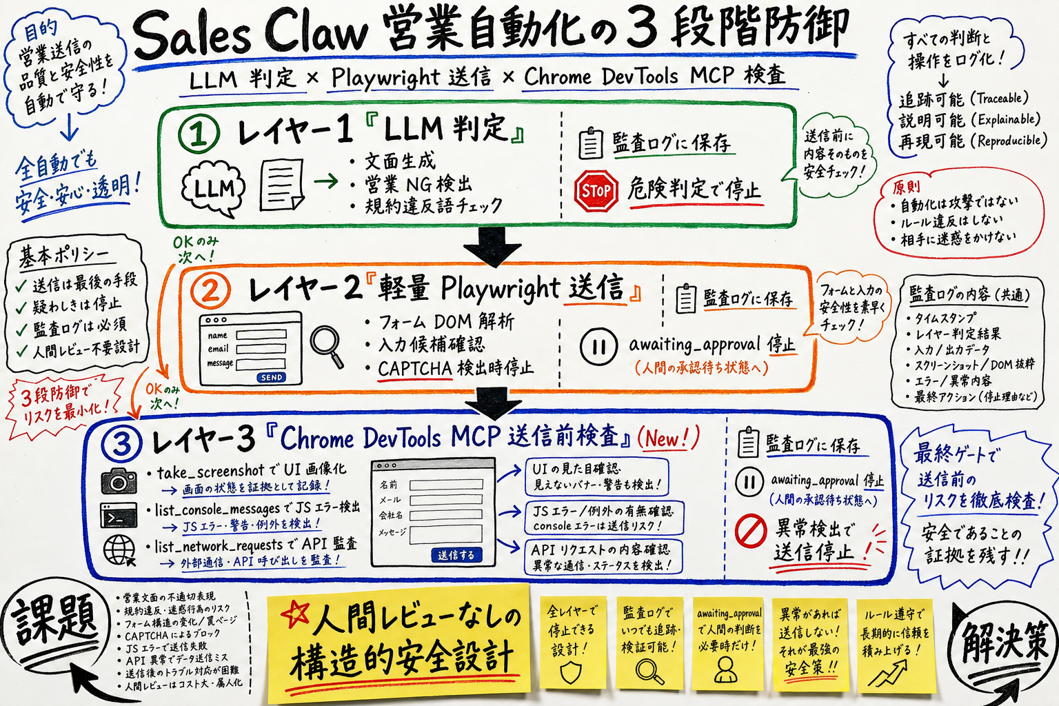 Sales Claw に Chrome DevTools MCP を組み込んだ 3 段階防御フロー。左から「レイヤー 1: LLM 判定(営業 NG 検出)」「レイヤー 2: Playwright 送信(CAPTCHA 検出時停止)」「レイヤー 3: Chrome DevTools MCP 送信前検査(スクリーンショット + Console + Network ログ)」が縦に並び、各層を通過した送信だけが監査ログに記録され、最終的にフォーム送信が成功する流れ。