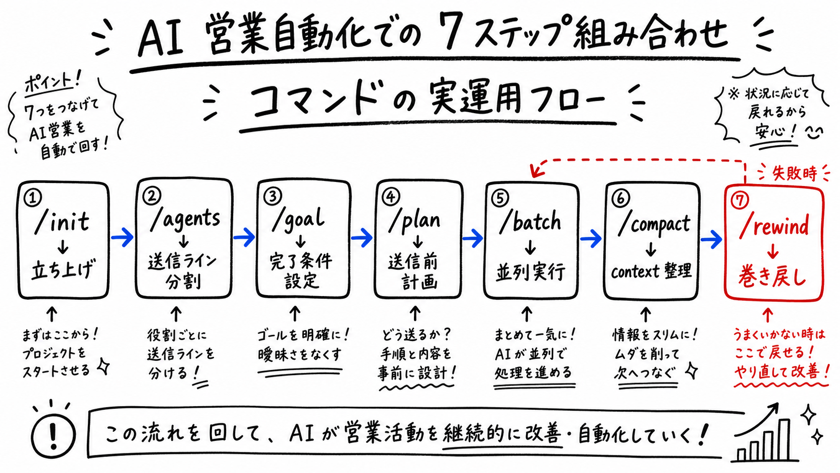 AI 営業自動化エージェントを Claude Code のスラッシュコマンドで設計する 7 ステップフローのホワイトボード手描き図。/init で立ち上げ → /agents で送信ライン分割 → /goal で完了条件設定 → /plan で送信前計画 → /batch で並列実行 → /compact で context 整理 → /rewind で失敗時の巻き戻し。最後の /rewind だけ赤マーカーで強調。