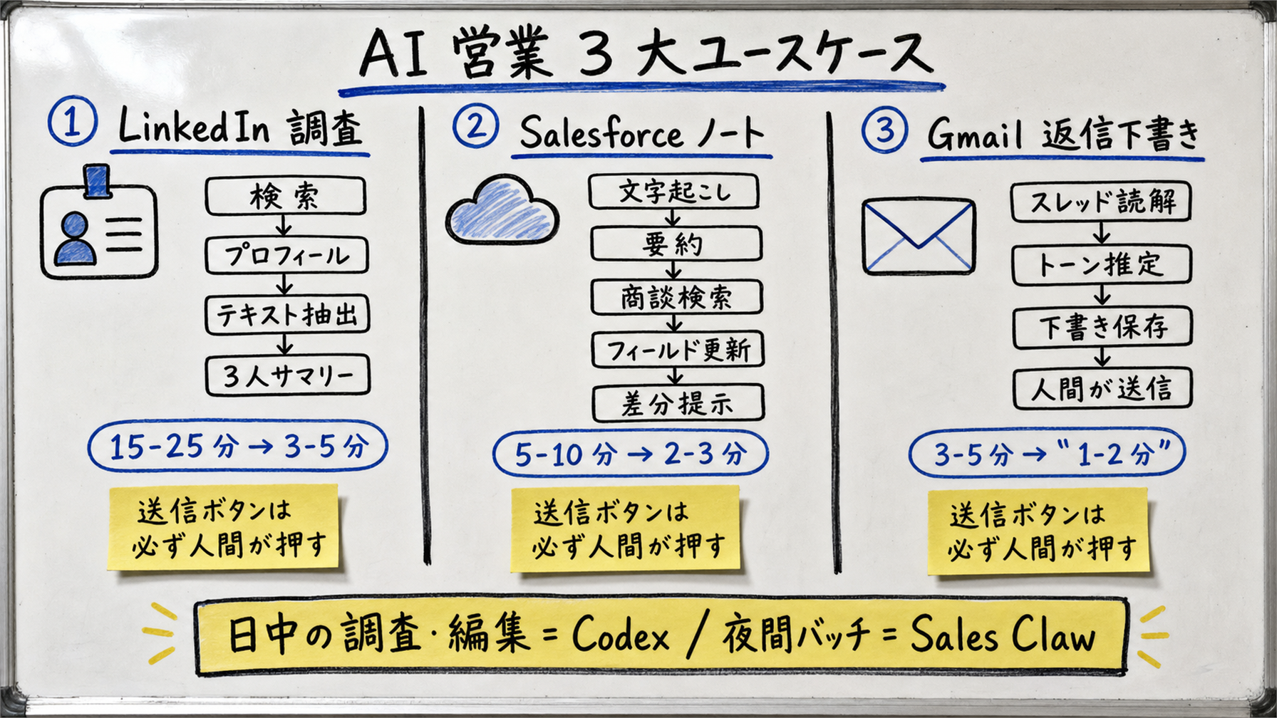 ホワイトボード手描き風で「AI 営業 3 大ユースケース」を図解。中央上部に大見出し「Codex Chrome Extension の AI 営業 3 大ユースケース」。3 列構成: (1) LinkedIn 調査 (LinkedIn のロゴ風メタファー、検索→プロフィール→テキスト抽出→3 人サマリーの矢印フロー、15-25 分 → 3-5 分)、(2) Salesforce ノート (Salesforce 雲メタファー、文字起こし→要約→商談検索→フィールド更新→差分提示、5-10 分 → 2-3 分)、(3) Gmail 返信下書き (Gmail 封筒メタファー、スレッド読解→トーン推定→下書き保存→人間が送信、3-5 分 → 1-2 分)。各列の下に「送信ボタンは必ず人間が押す」付箋。中央下部に黄色付箋ハイライト「日中の調査・編集は Codex、夜間バッチは Sales Claw」。