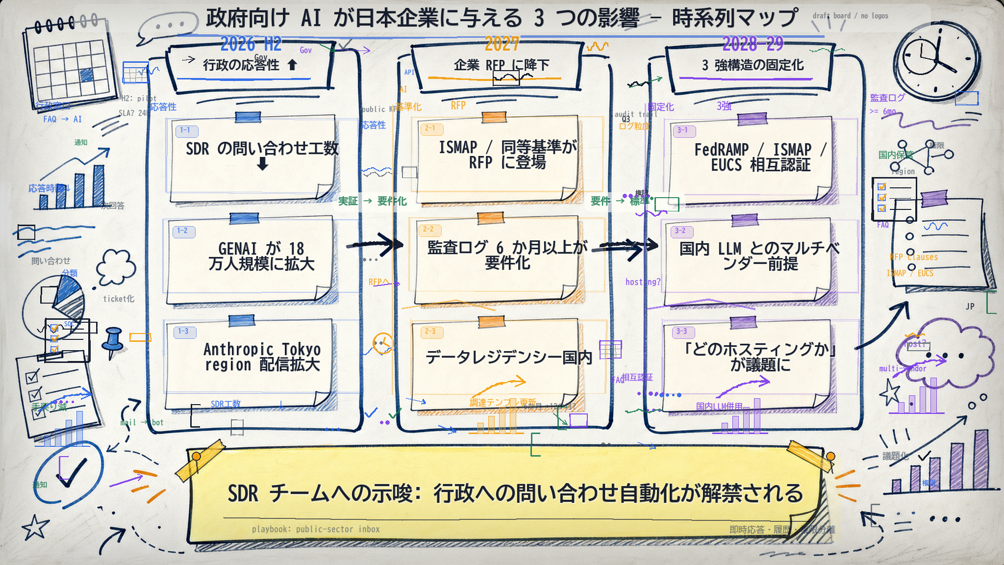高密度ホワイトボード説明図。政府向け AI が日本企業に与える 3 つの影響を時系列で整理。1.行政の応答性向上 (2026下半期〜)、2.セキュリティ要件の降下 (2027〜) — FedRAMP/ISMAP 系の認証要求が民間企業 RFP にも記載されるように、3.エンタープライズ製品の整備 (2026後半〜) — Claude for Enterprise / ChatGPT Enterprise 日本リージョン拡大。中央に SDR チームへの示唆「行政への問い合わせ自動化が解禁される」と黄色付箋でハイライト。