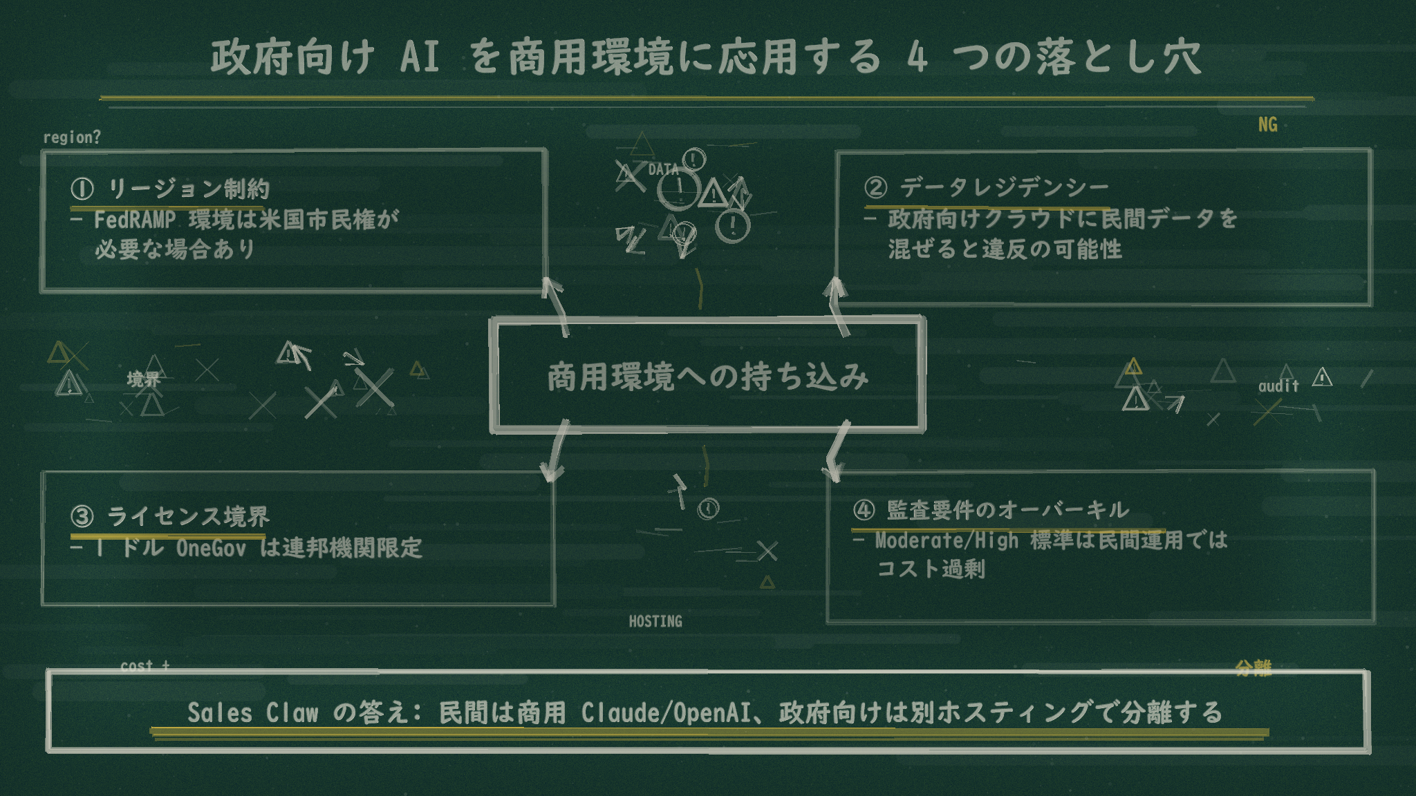 黒板に白チョークで手描きされた政府向け AI を民間応用する際のリスクマップ。中央に「商用環境への持ち込み」と書かれ、4 方向に矢印: 1.リージョン制約 (FedRAMP 環境は米国市民権が必要な場合あり)、2.データレジデンシー (政府向けクラウドに民間データを混ぜると違反の可能性)、3.ライセンス境界 (年$1の OneGov 契約は政府機関限定)、4.監査要件のオーバーキル (Moderate/High 標準が民間運用ではコスト過剰)。下部に「Sales Claw の答え: 民間は商用Claude/OpenAI、政府向けは別ホスティングで分離」と記載。