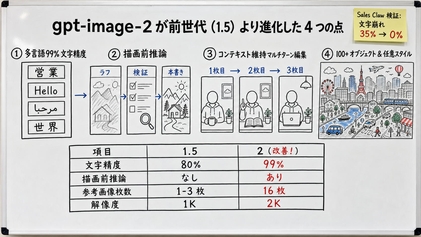 gpt-image-2 の 4 つの新機能を並べた高密度ホワイトボード説明図。番号付きで (1) 多言語 99% 文字精度 (日本語/英語/アラビア語/中国語の例)、(2) 描画前推論 (構図ラフ → 検証 → 本書きの 3 段階)、(3) コンテキスト維持マルチターン編集 (1 枚目 → 2 枚目 → 3 枚目で人物・背景・小物が保たれる)、(4) 100+ オブジェクト & 任意スタイル (浮世絵/水彩/ピクセルアートの例) を図示。下部に従来モデルとの比較表「文字精度: 80% → 99% / 推論: なし → あり / 参考画像: 1-3 枚 → 16 枚 / 解像度: 1K → 2K」。