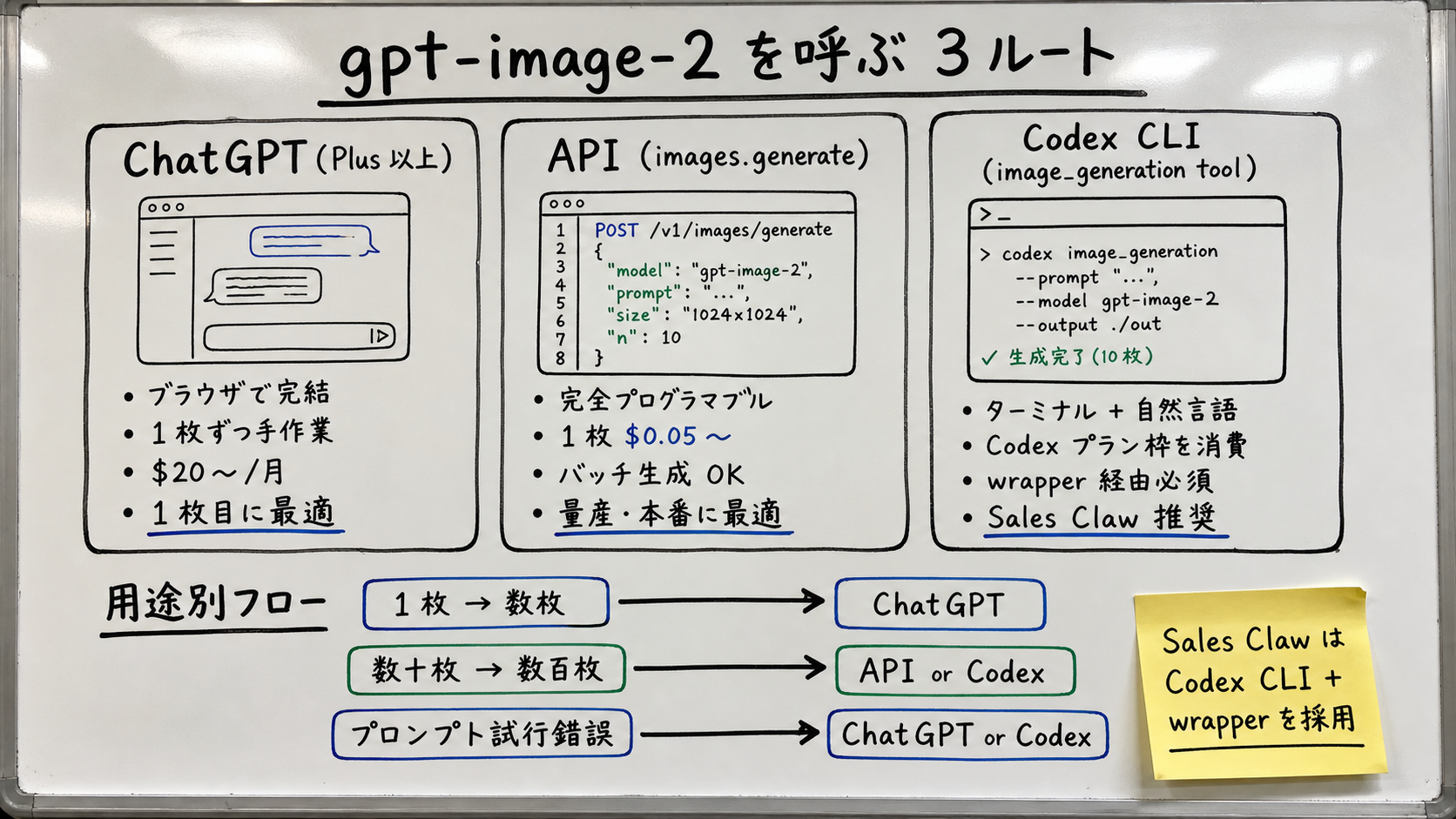 gpt-image-2 を呼ぶ 3 つのルートを並べた高密度ホワイトボード説明図。中央上に「gpt-image-2 を呼ぶ 3 ルート」。3 列構成: 左「ChatGPT (Plus/Team/Pro/Enterprise)」(ブラウザでチャット入力 / 1 枚ずつ手作業 / $20〜/月 / 1 枚目に最適)、中央「API (Responses API / Images API)」(images.generate() / フルプログラマブル / 1 枚 $0.05〜 / 量産・バッチに最適)、右「Codex CLI (image_generation tool)」(ターミナルから自然言語 / Codex プラン消費 / wrapper 経由必須 / Sales Claw 推奨ルート)。下部の矢印で「1 枚 → 数枚: ChatGPT / 数十枚 → 数百枚: API or Codex / プロンプト試行錯誤: Codex」と用途別の選び方フロー。
