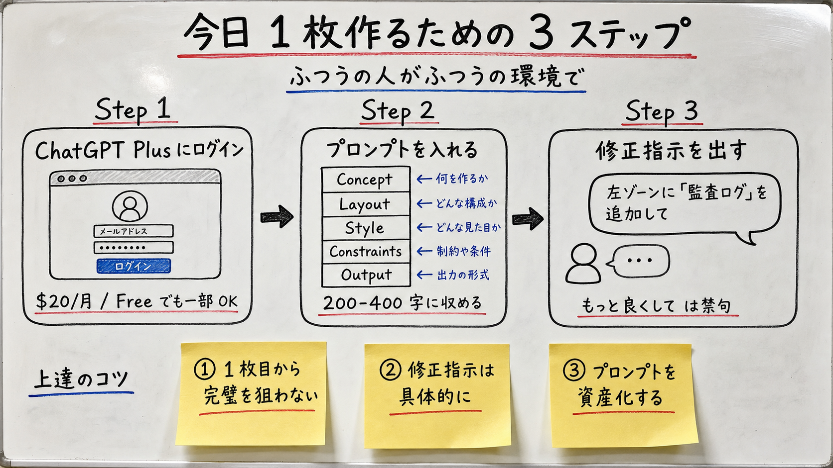 gpt-image-2 で今日 1 枚作るための 3 ステップを並べた高密度ホワイトボード説明図。番号付きステージで Step 1「ChatGPT Plus にログイン (or 既存契約を確認、$20/月)」、Step 2「『○○の中密度ホワイトボード説明図を作って』とプロンプト入力」(プロンプト 5 ブロックの例も添える)、Step 3「気に入らない箇所をチャットで修正指示 (『左ゾーンに『監査ログ』を追加して』など)」。下部に「上達のコツ」黄色付箋 3 個: (1) 1 枚目から完璧を狙わない、(2) 修正指示は具体的に、(3) プロンプトを資産化する。