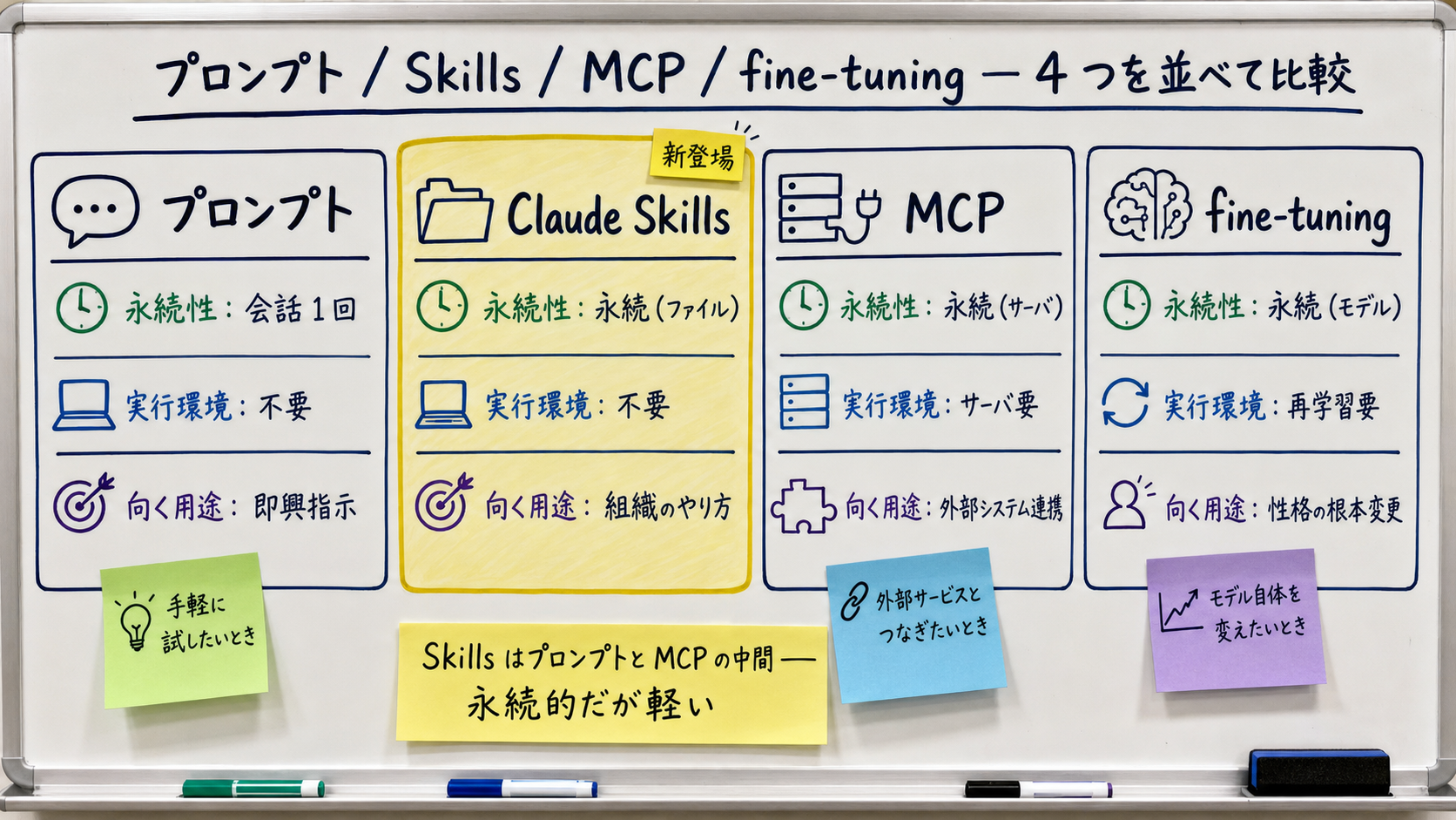 プロンプトとスキルと MCP と fine-tuning の 4 つを横並びに比較したホワイトボード説明図。中央にスキルを大きく置き、左右に他の 3 つを配置。永続性・実行環境・向く用途を付箋で添えた構成