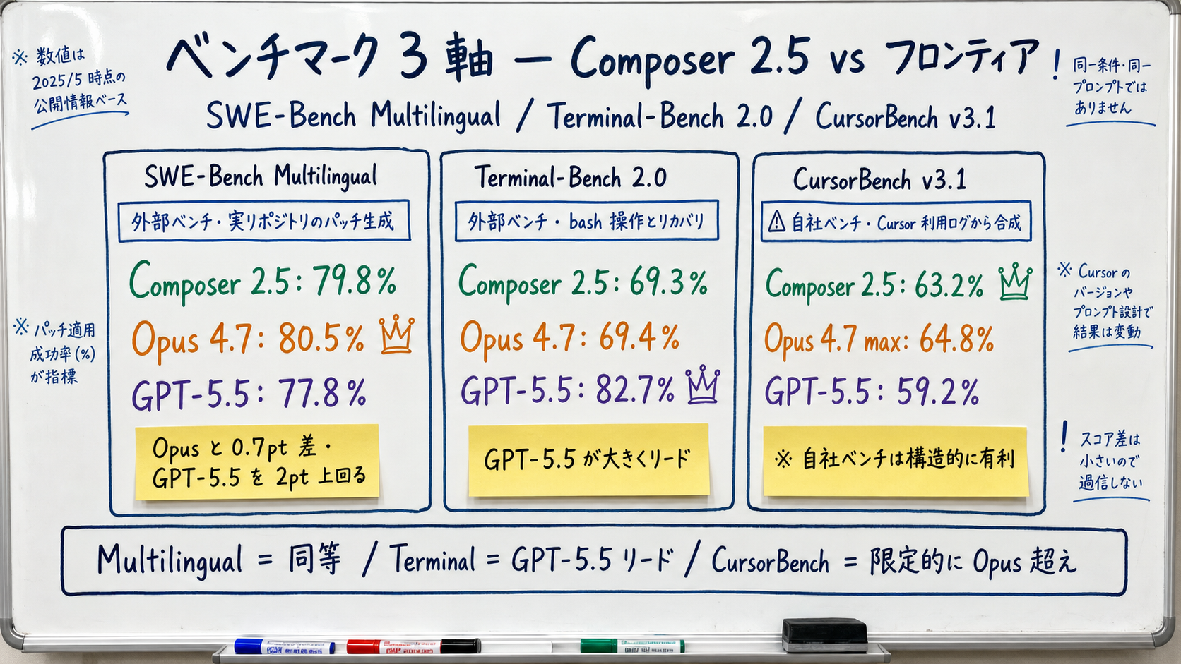 ホワイトボードに手描きで Composer 2.5・Opus 4.7・GPT-5.5 の 3 モデル × 3 ベンチマークを 3 列レーンで並べた説明図。SWE-Bench Multilingual では 3 モデルが僅差、Terminal-Bench では GPT-5.5 がリード、CursorBench では自社ベンチ有利バイアスの注意付箋が貼られている