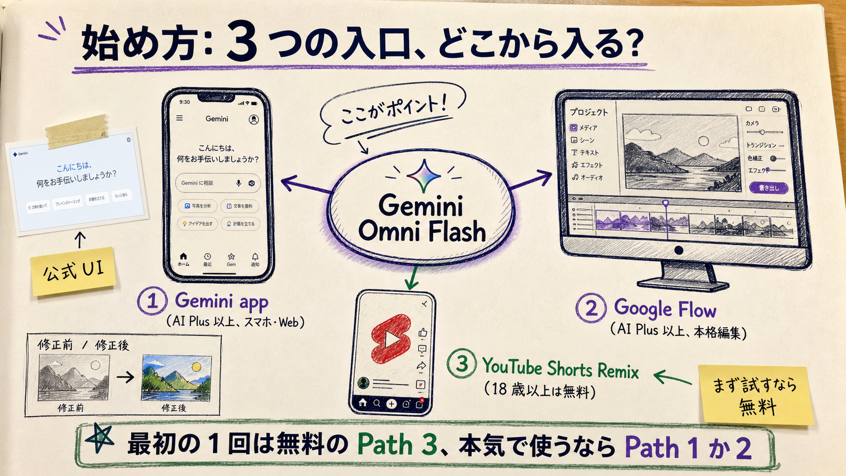 A diagram of three entry points into Gemini Omni. Center node: 'Gemini Omni Flash'. Three branches: Route 1 'Gemini app' (Google AI Plus or above, mobile + web, the best place for first try). Route 2 'Google Flow' (Google AI Plus or above, full editing workflow, multi-scene continuity by chat). Route 3 'YouTube Shorts Remix' (free for users 18+, ideal for high-volume social clips). A sticky-note at the bottom reads: 'For your first try use Route 3 (free); for serious use, pick Route 1 or 2.'