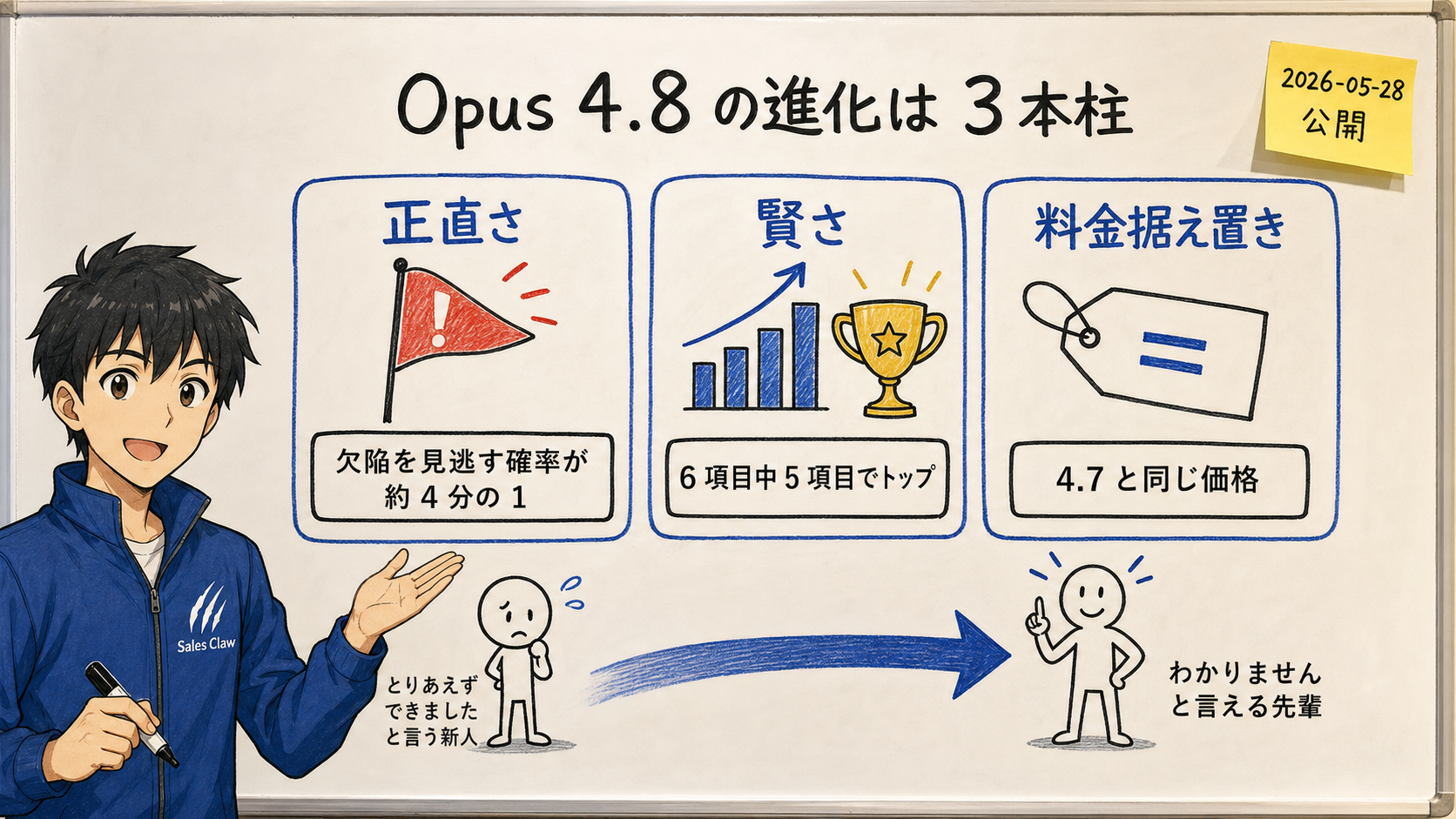 Claude Opus 4.8 の 3 つの進化ポイントを整理したホワイトボード説明図。「正直さ (欠陥を見逃す確率が約 4 分の 1)」「賢さ (6 項目中 5 項目でトップ)」「料金据え置き (4.7 と同じ価格)」の 3 本柱を、新人から先輩へ成長する社員のイラストと矢印で結んだ図