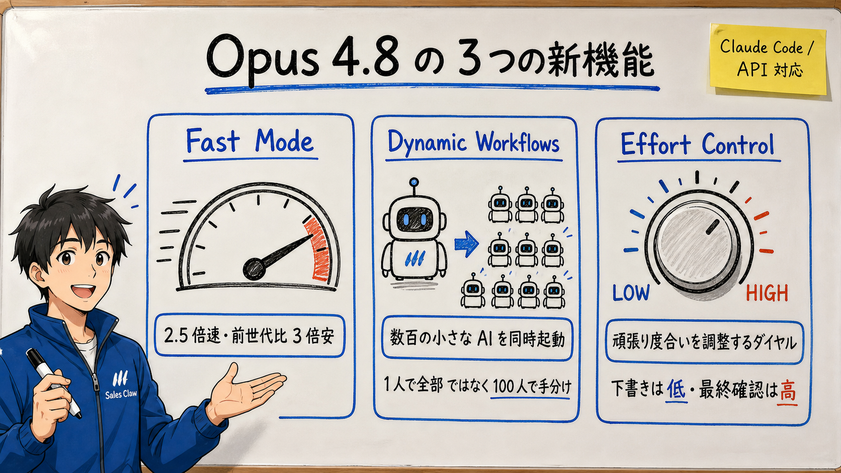Opus 4.8 の 3 新機能を整理したホワイトボード説明図。「Fast Mode (2.5 倍速・3 倍安)」「Dynamic Workflows (数百の小さな AI を同時起動)」「Effort Control (頑張り度合いを調整するダイヤル)」の 3 つを、それぞれスピードメーター・分隊・つまみのイラストで表現した図