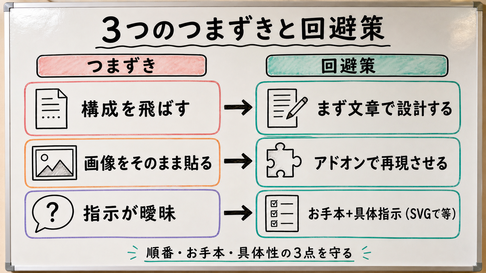 3 つのつまずきポイントと回避策を並べたチェック図。『構成を飛ばす→まず文章で設計』『画像をそのまま貼る→アドオンで再現させる』『指示が曖昧→お手本＋具体指示』の 3 組を、課題と解決策の対で示したホワイトボード説明図