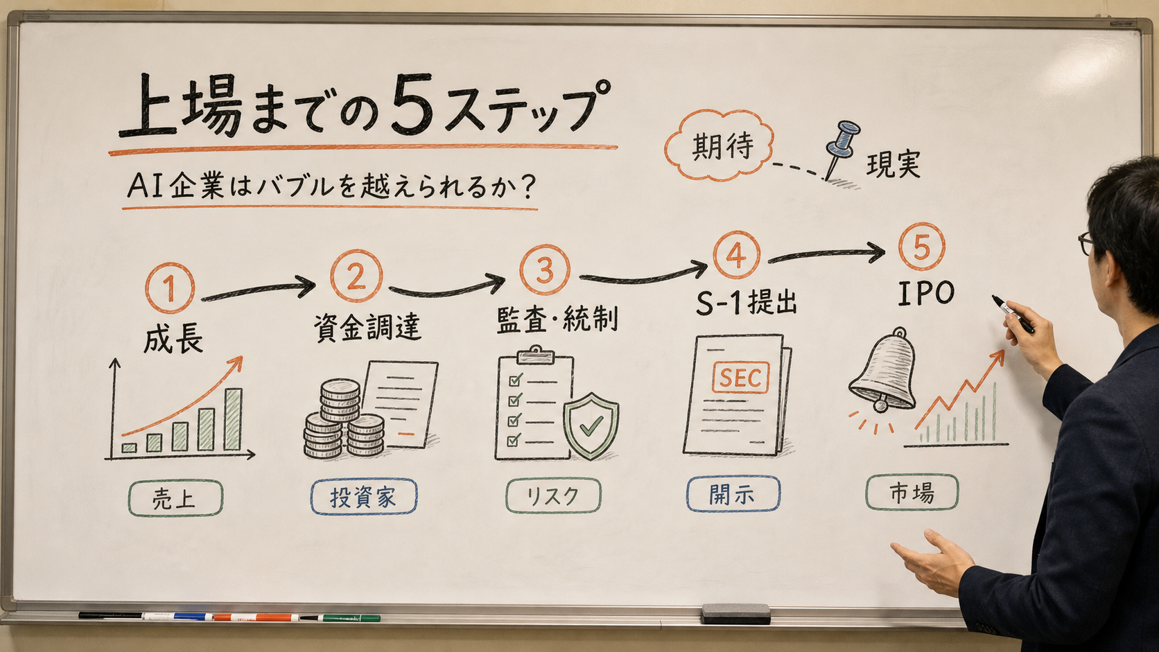 Step diagram of the road to an IPO, left to right: '1. Funding rounds (Series A-H, shares held by insiders)' -> '2. Confidential draft S-1 filed (2026-06-01, this is now)' -> '3. SEC review' -> '4. S-1 made public, terms disclosed' -> '5. Listing — the general public can buy shares,' connected by hand-drawn arrows. A large red circle and a 'You are here' sticky note mark step 2. Below: notes 'It usually takes months from 2 to 5' and 'Step 2 only means it gained the option.'