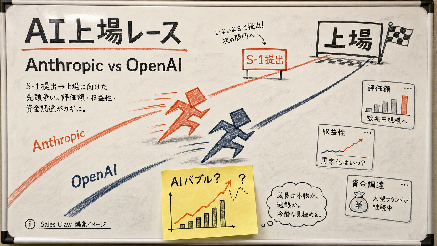 The Anthropic vs OpenAI 'listing race' drawn as a running-track metaphor. Two lanes hold runners for Anthropic (Claude) and OpenAI (ChatGPT). The Anthropic runner is a step ahead holding a flag 'S-1 filed (2026-06-01),' while the OpenAI runner is in the 'IPO paperwork not yet filed' state. Center: a comparison note 'Valuation: Anthropic $965B (Series H) / OpenAI ~$852B (reported).' At the end of the track, a finish tape labeled 'public market (stock market).' Below: a sticky note 'Lining up first doesn't mean finishing first.'