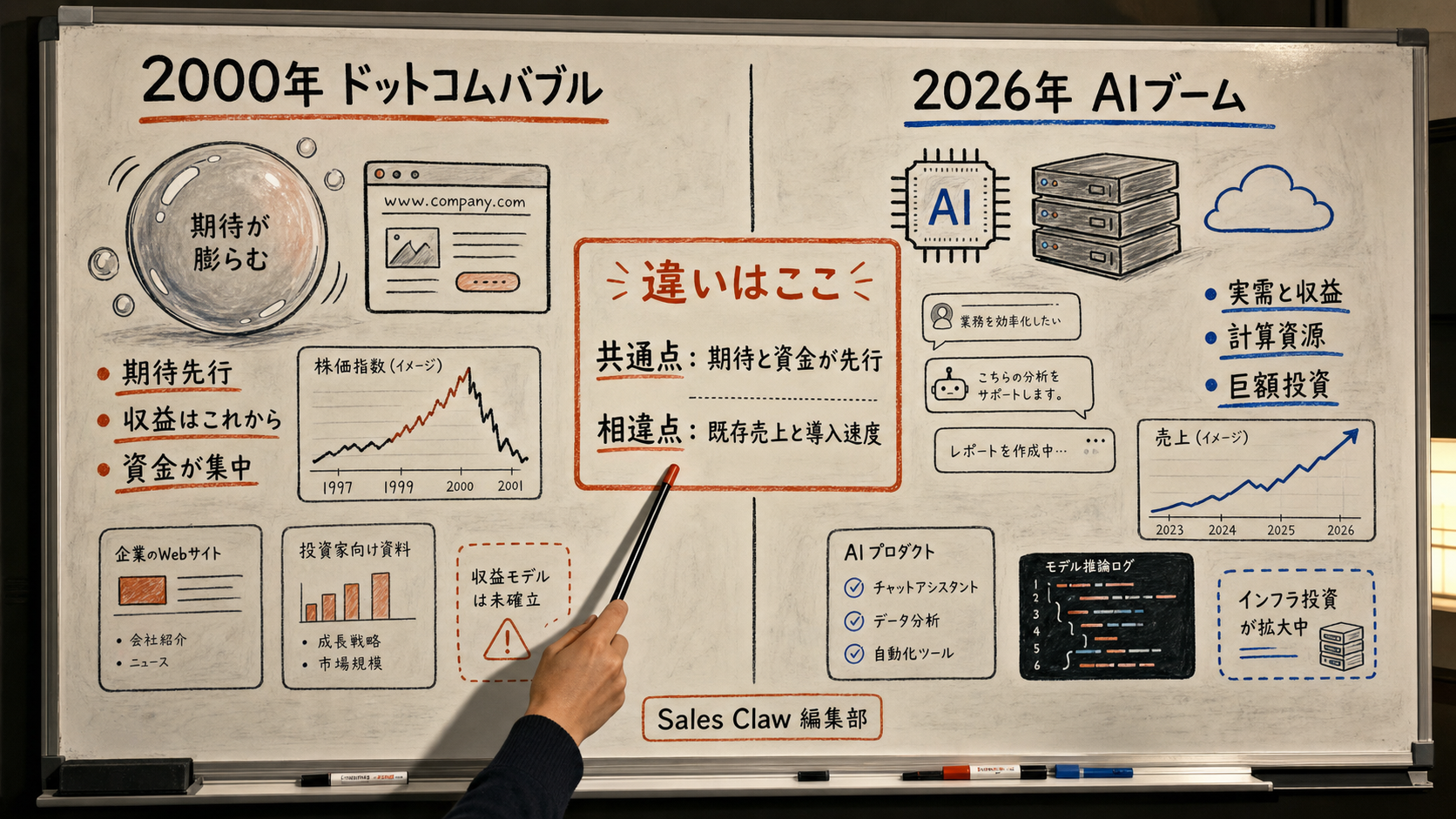 Hand-drawn comparison of the 2000 dot-com bubble (left) and the 2026 AI boom (right). Left zone '2000 dot-com era': companies with no revenue at high valuations, excessive hype, a crash. Right zone '2026 AI era': notes that Anthropic has real revenue at $47B run rate and 8 of the Fortune 10 as customers. Center: a balance scale showing 'real demand exists (difference)' vs 'concern that valuations are rising too fast (similarity).' Below: a sticky note 'Conclusion: it is overheated, but the revenue substance differs from back then.'