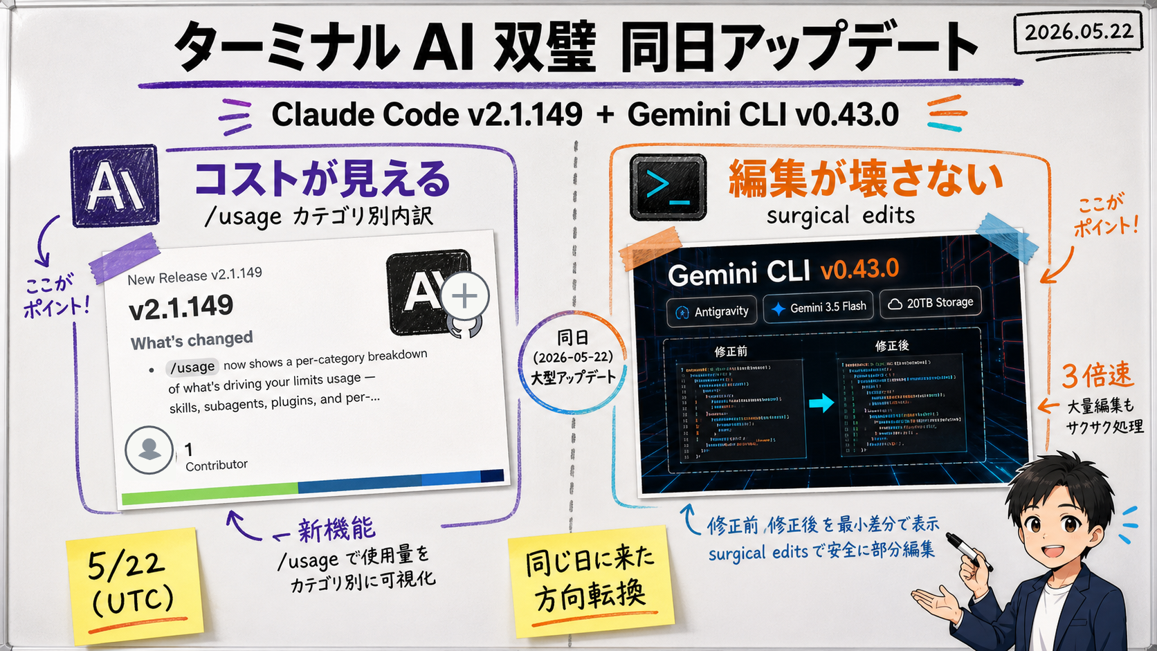 Claude Code v2.1.149 & Gemini CLI v0.43.0 Same-Day Update Explained for General Readers — "Cost Visibility" Meets "Surgical Edits"