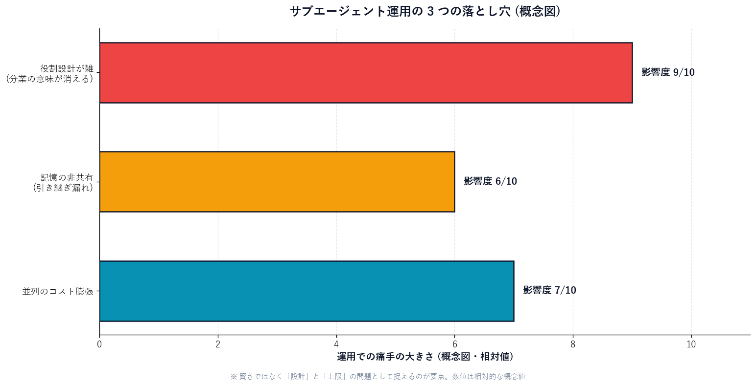 Conceptual bar-style chart of three subagent pitfalls by impact: 'sloppy role design (the division loses meaning)', 'non-shared memory (handoff gaps)', and 'cost blow-up from parallelism', arranged by relative operational pain (conceptual figure).