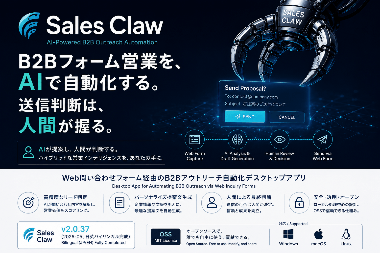 GPT Image 2 が生成した P1 表紙のラフ画像（出力）。『Sales Claw』ロゴ、『B2B フォーム営業を、AI で自動化する。送信判断は、人間が握る。』の日本語コピー、右側の製品ビジュアル、下部の 4 つの特徴アイコンが、ほぼ崩れずに配置されている
